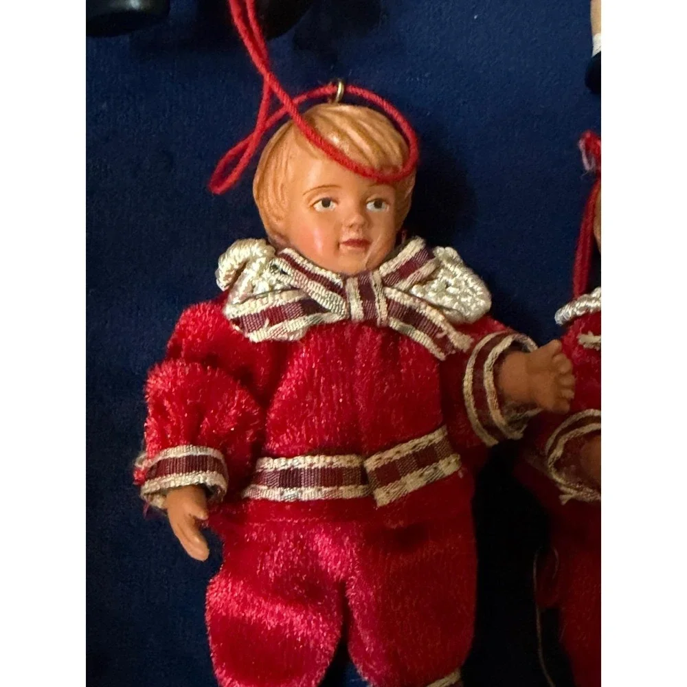 Vintage Red Velvet Christmas Ornaments Set of 6 Victorian Style Boy Girl Figures